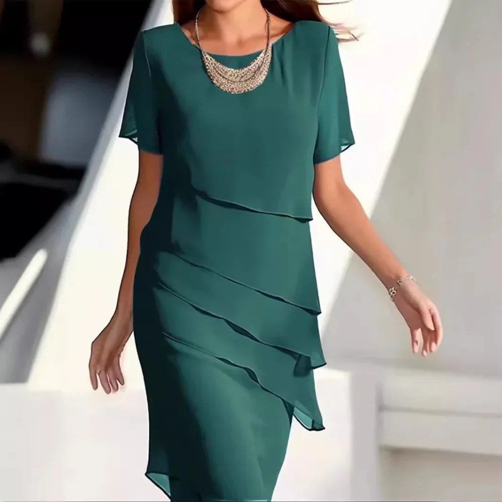 Layered Chiffon Short-Sleeve Summer Midi Dress for Women with Crew Neck