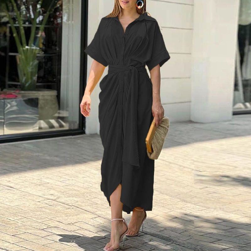 Veronica Floral Midi Shirt Dress with Tie Waist and Button-Down Front