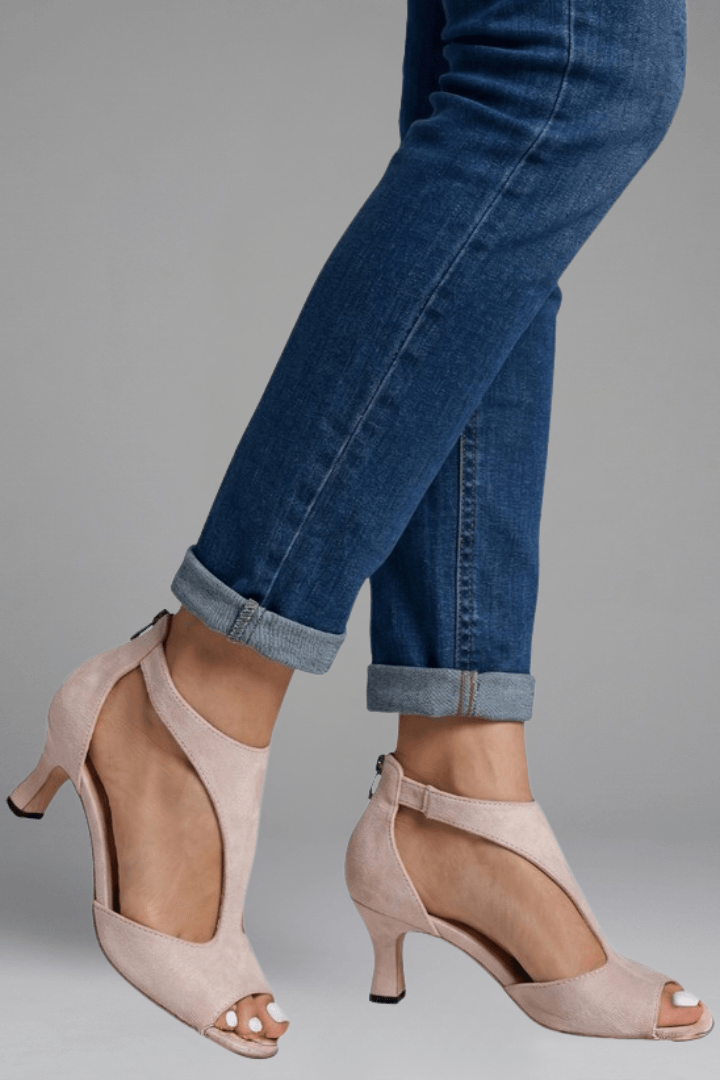 Women's Peep-Toe Comfort Shoes with Cutout Panels and Mid Heel