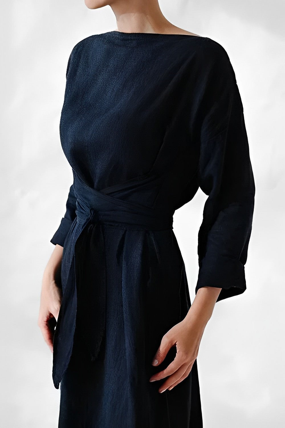 Women's Linen Wrap-Tie Long-Sleeve Dress with Belted Waist