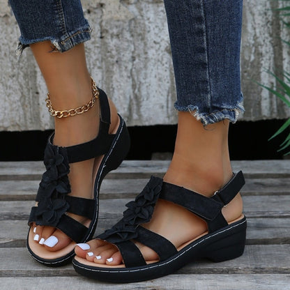 Sandie Comfortable Orthopedic Wedge Sandals with Floral Detail and Adjustable Straps