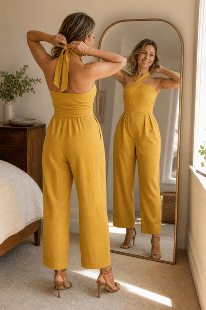 Women's Halter-Neck Wide-Leg Jumpsuit with Defined Waist