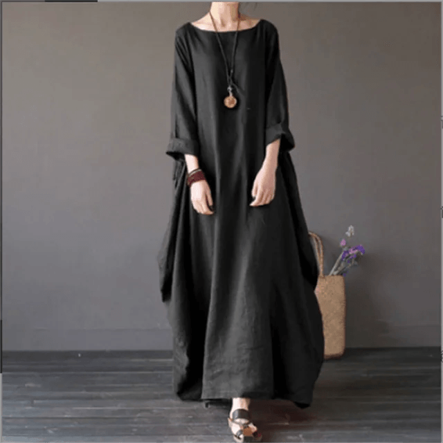 Relaxed Fit Cotton Maxi Dress with Mid-Length Sleeves and Swing Skirt