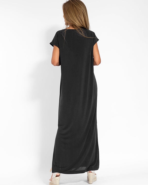 Vera Loose Flowing V-Neck Short Sleeve Maxi Dress with Side Slit