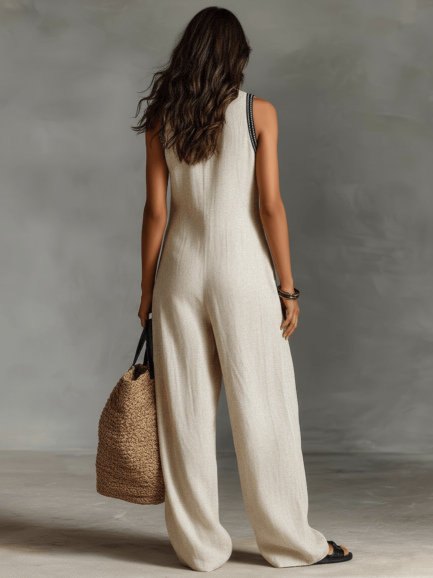 Women's Embroidered Stand Collar Sleeveless Linen Jumpsuit