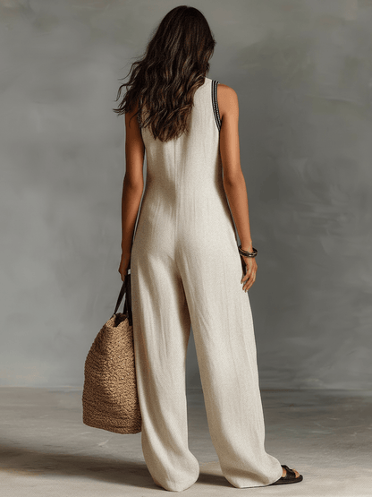 Women's Embroidered Stand Collar Sleeveless Linen Jumpsuit