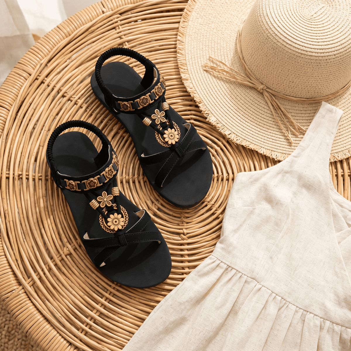 Boho Beaded Flat Sandals with Cushioned Footbed for Women
