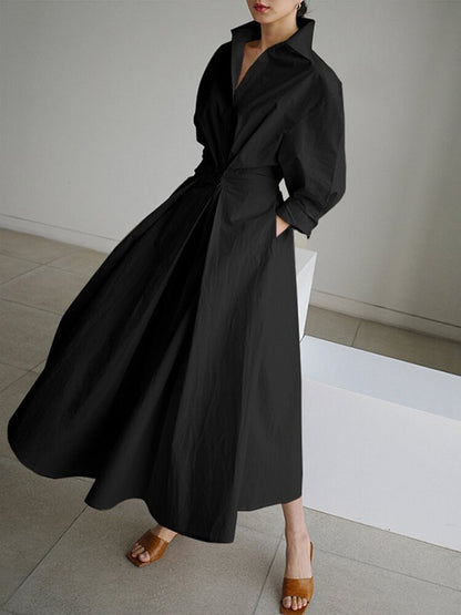 Sofia Collared A-Line Midi Dress with Pockets and 3/4 Sleeves