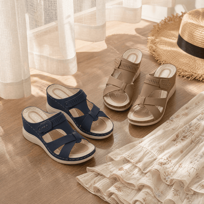 Arch-Support Wedge Slide Sandals with Adjustable Buckle Strap