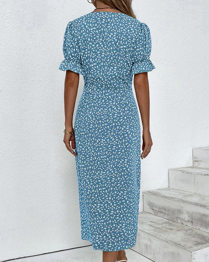 Martha Floral V-Neck Button Front Midi Dress for Women with Puff Sleeves