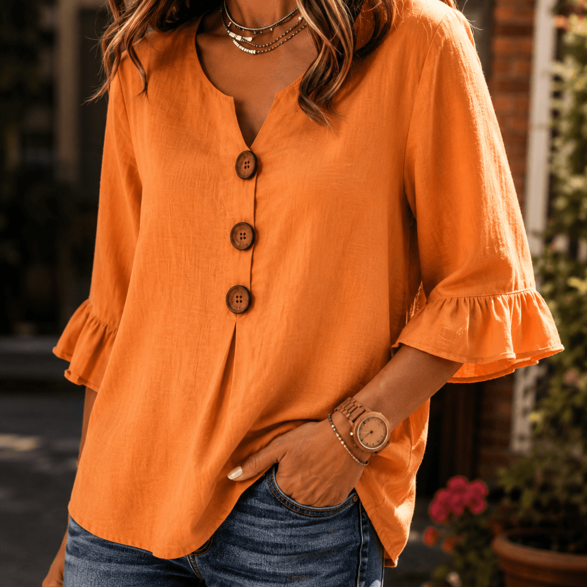 Laurelle V-Neck Ruffle Sleeve Blouse with Button Detail