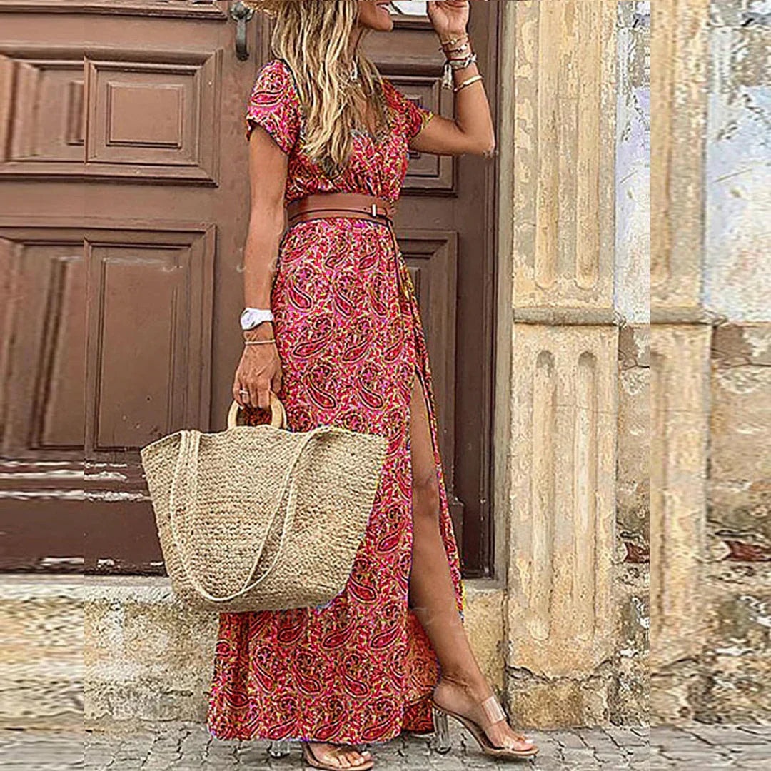 Isabella Floral Wrap-Style Belted Women's Midi Dress with Side Slit