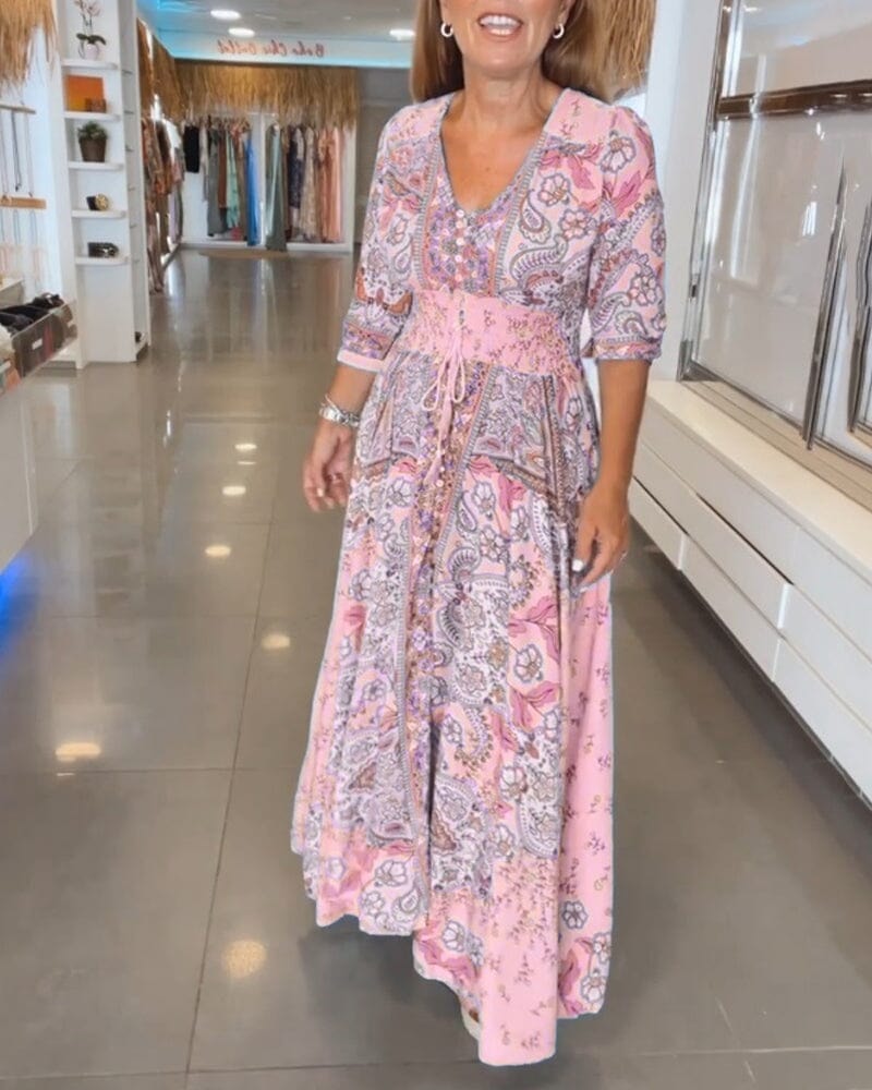 Alira Paisley Floral V-Neck Maxi Dress with Tie Waist for Women