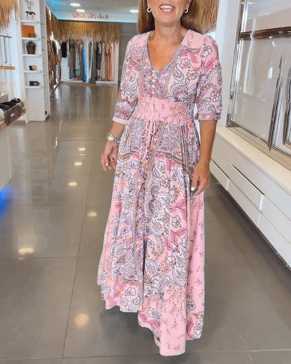 Alira Paisley Floral V-Neck Maxi Dress with Tie Waist for Women