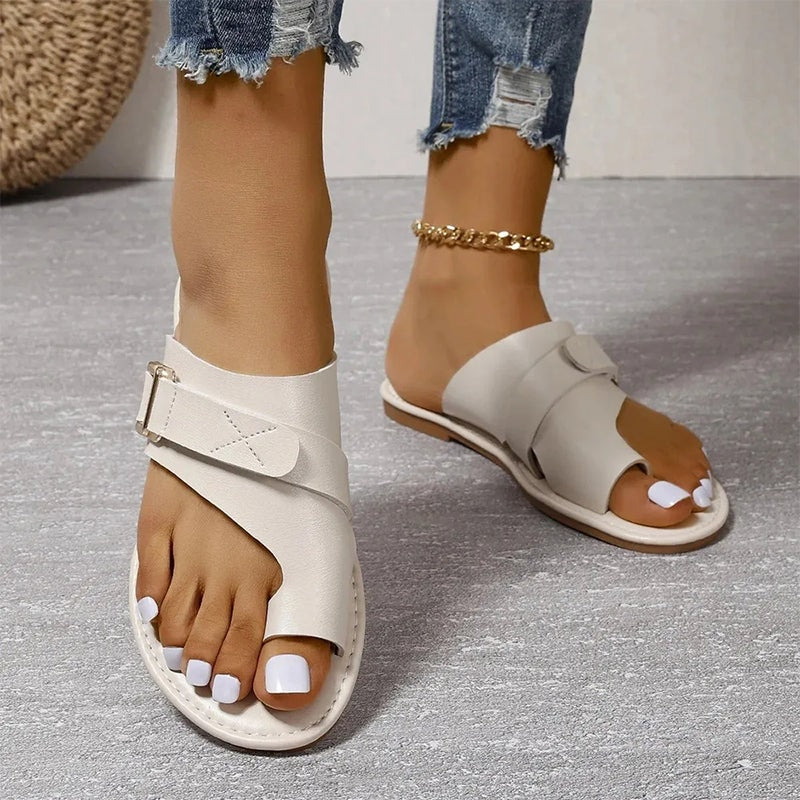 Comfortable Orthopedic Slide Sandals with Flat Sole and Adjustable Buckle Strap