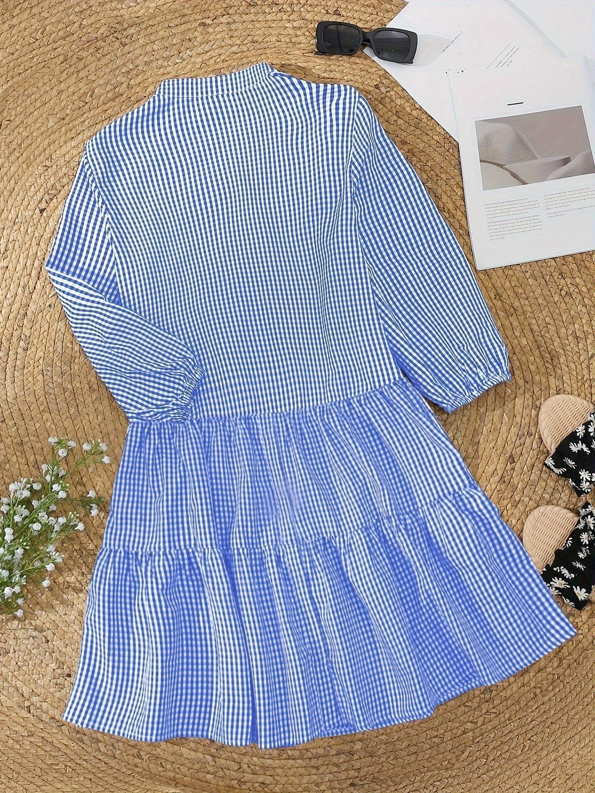 Gingham Button-Down Tiered Mini Dress for Women