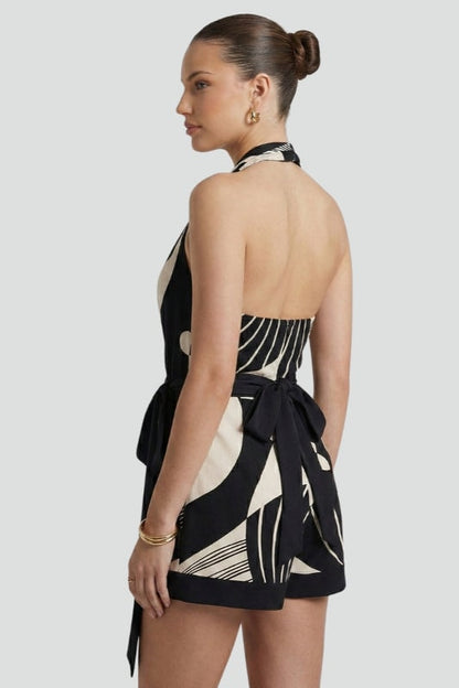 Halter Wrap Mini Dress with Tie Waist and Abstract Print