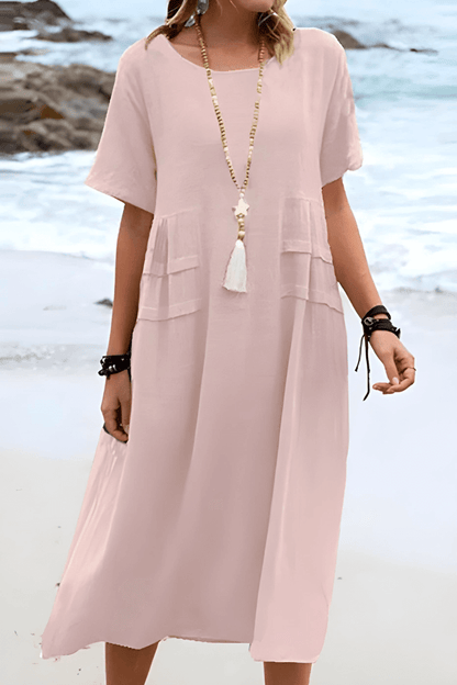 Relaxed Summer Midi Dress in Cotton Linen Blend with Short Sleeves and Front Pockets