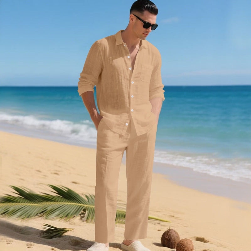 Men's Linen Blend Long-Sleeve Shirt and Pants Two-Piece Set