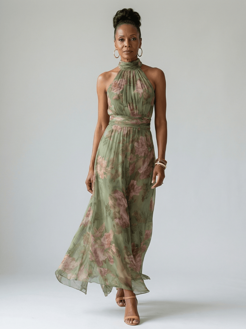 Floral Halter-Neck Summer Maxi Dress with Cinched Waist for Women