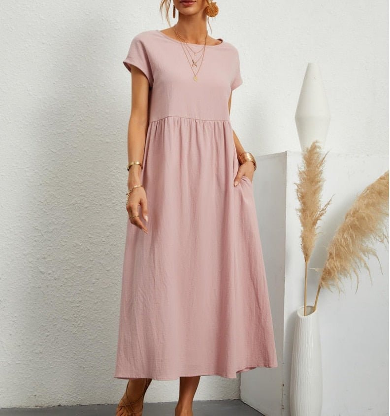 Cotton Blend Women's Midi Dress with Pockets and Cap Sleeves