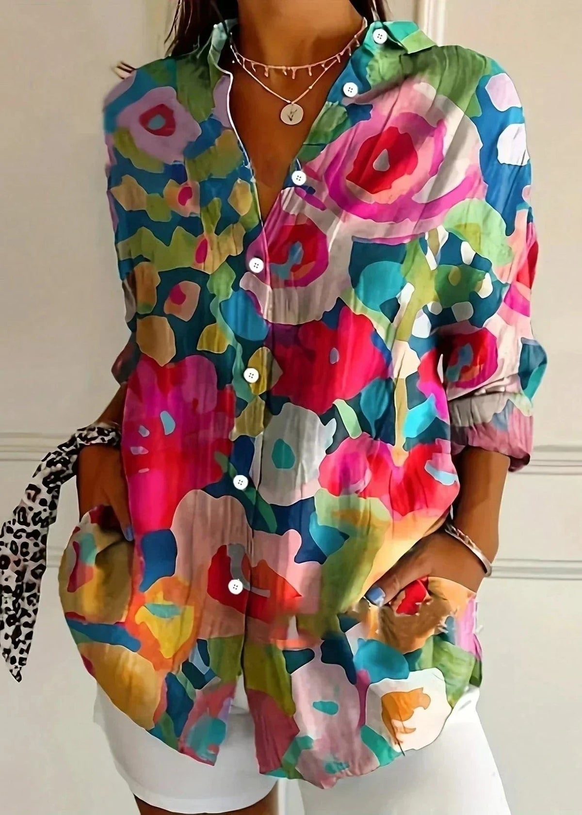 Women's Floral Print Long Sleeve Button Up Blouse for Summer