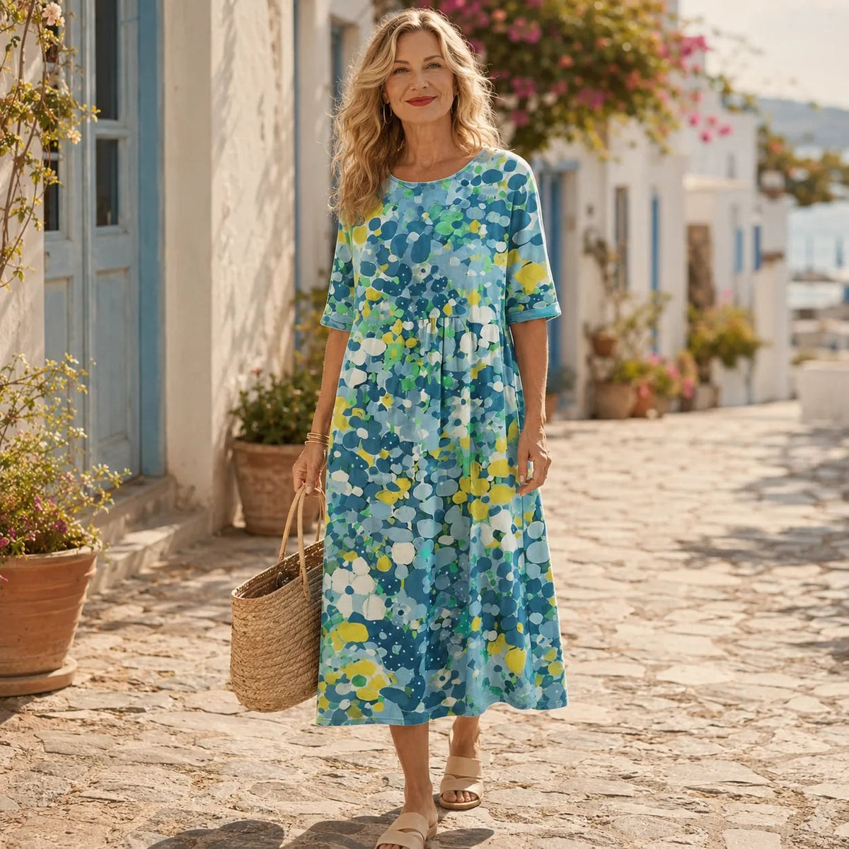 Marivella Floral Loose Midi Dress with Hidden Side Pockets