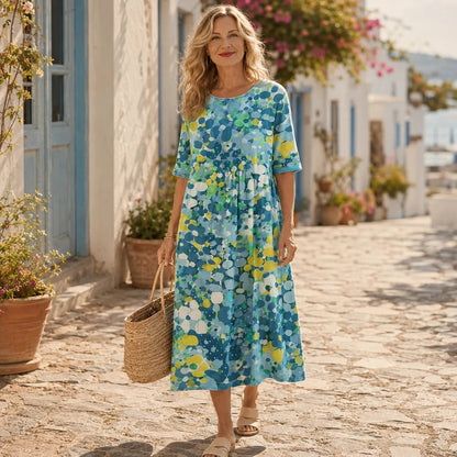 Marivella Floral Loose Midi Dress with Hidden Side Pockets