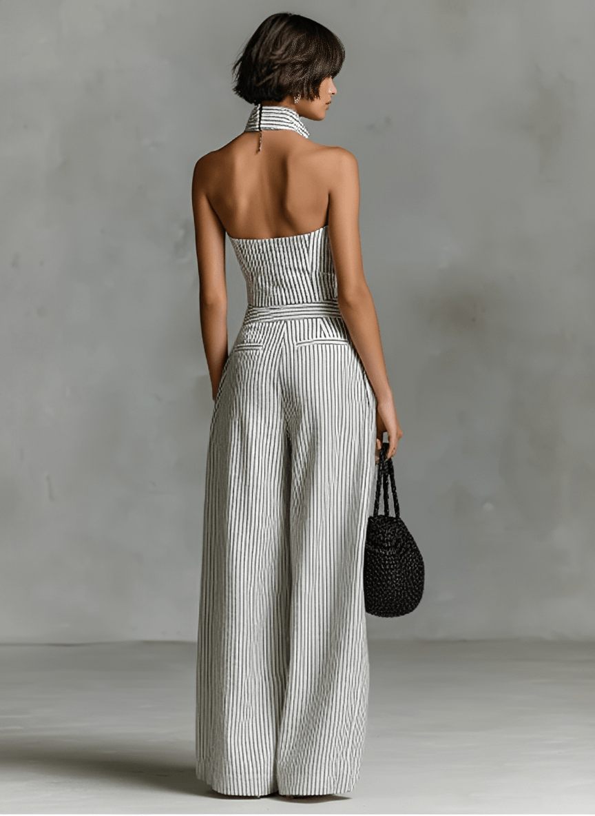 Women's Striped Halter-Neck Wide-Leg Linen Blend Jumpsuit