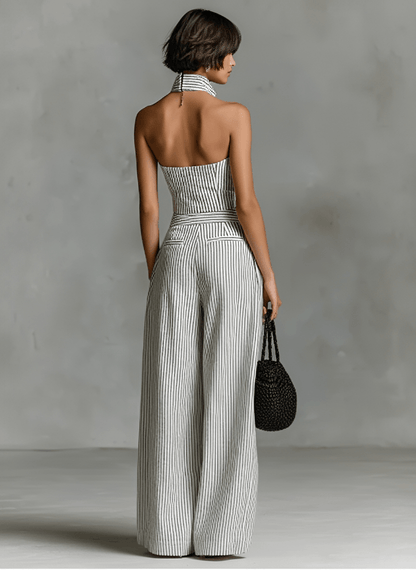 Women's Striped Halter-Neck Wide-Leg Linen Blend Jumpsuit
