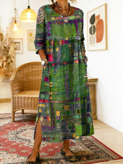 Manuela Ethnic Patchwork Three-Quarter Sleeve Cotton Blend Midi Dress for Women