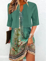 Floral Print V-Neck Women's Midi Dress with Cropped Jacket Two-Piece Set