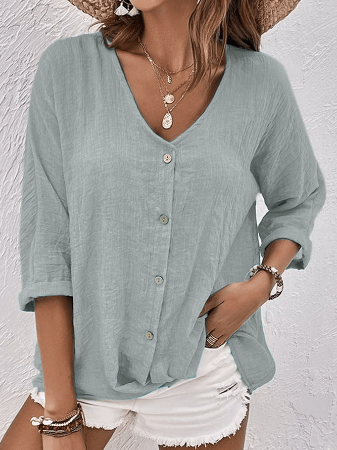 Ava V-Neck Button-Up Linen Blouse with Long Sleeves for Women