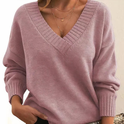 Mercy V-Neck Relaxed Fit Knit Sweater with Ribbed Cuffs