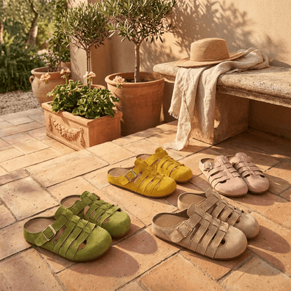 Women's Cushioned Suede Mule Sandals with Buckle Strap