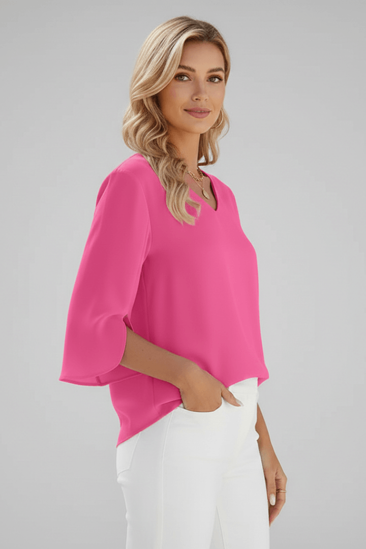 V-Neck Blouse with Three-Quarter Split Sleeves and Curved Hem
