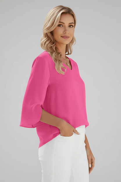 V-Neck Blouse with Three-Quarter Split Sleeves and Curved Hem