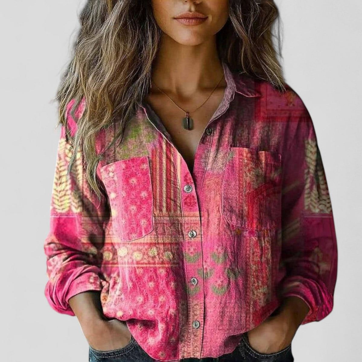 Floral Linen Button-Up Shirt with Chest Pockets and Long Sleeves