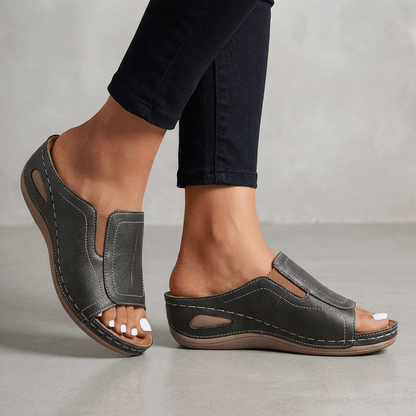 Penelope Ergonomic Slip-On Wedge Sandals with Open Toe and Cutout Detail