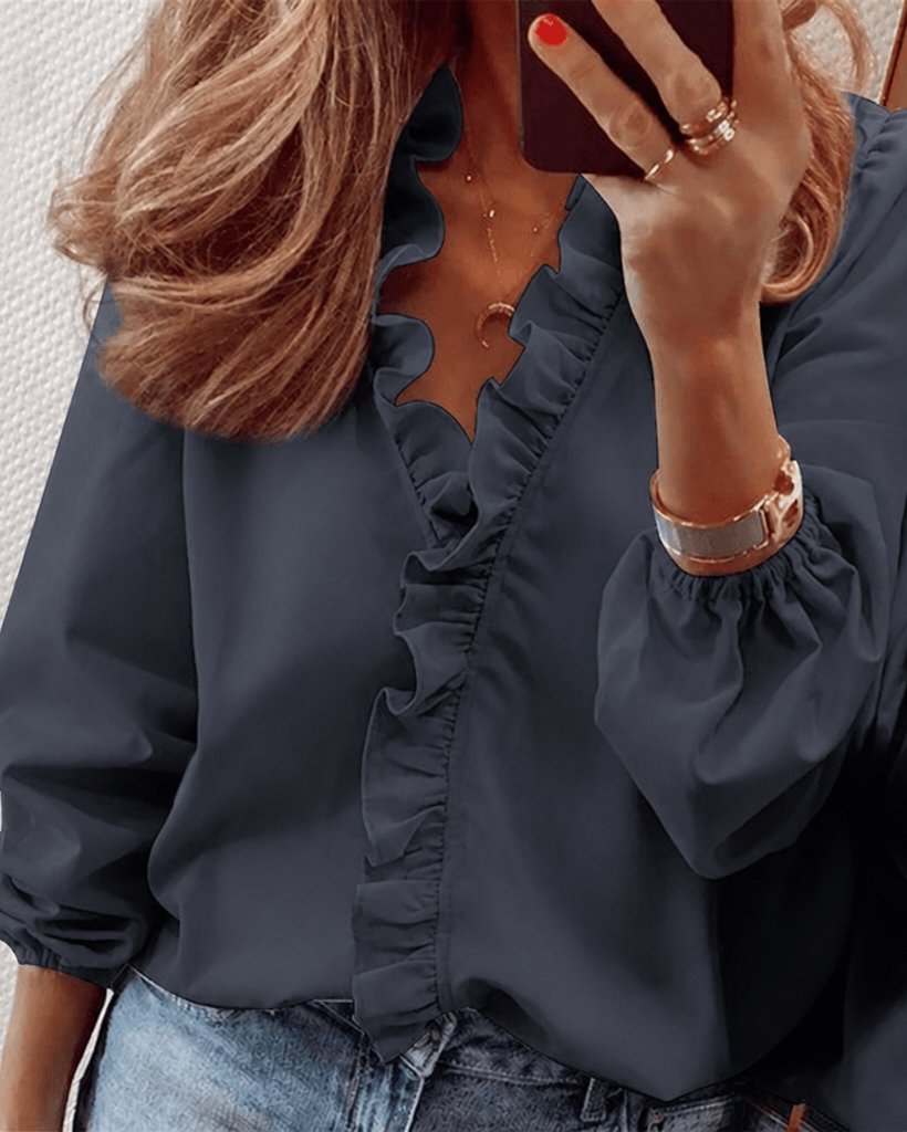 Women's Long Sleeve Blouse with Ruffle V-Neck and Gathered Cuffs