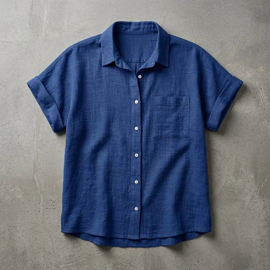 Women's Short Sleeve Linen Button-Up Top with Chest Pocket