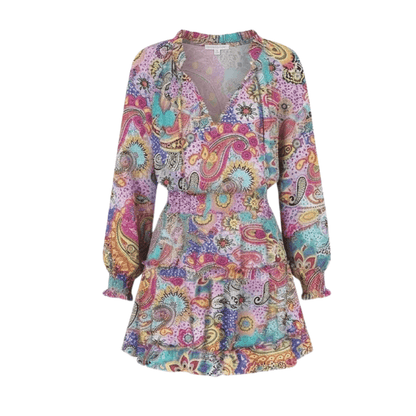 Printed V-Neck Ruffle Mini Dress with Lantern Sleeves for Women