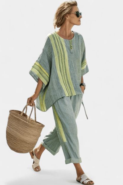 Matching Two-Piece Set with Oversized Striped Linen Top and Wide-Leg Pants