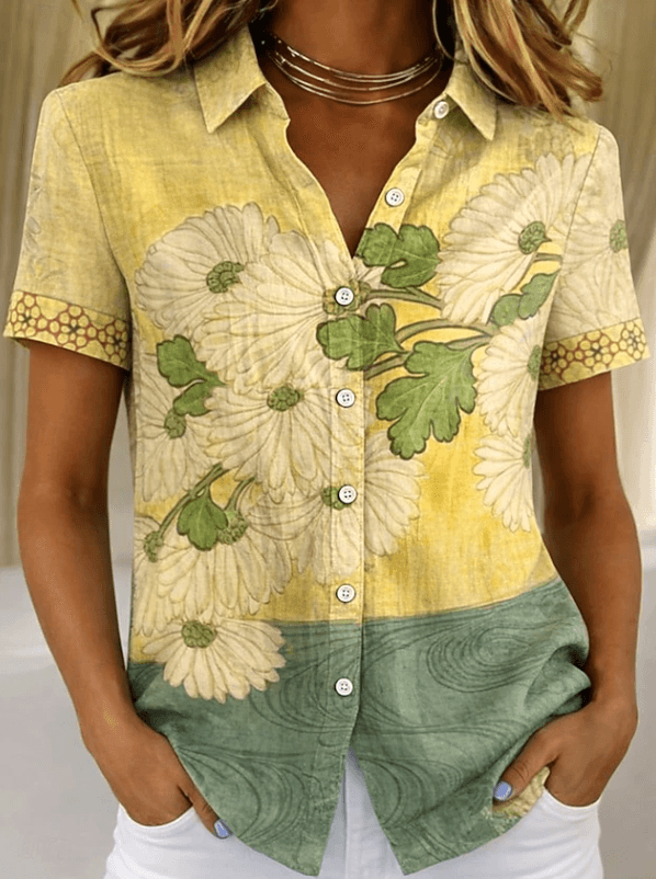 Collared Floral Print Short Sleeve Button-Up Top for Summer