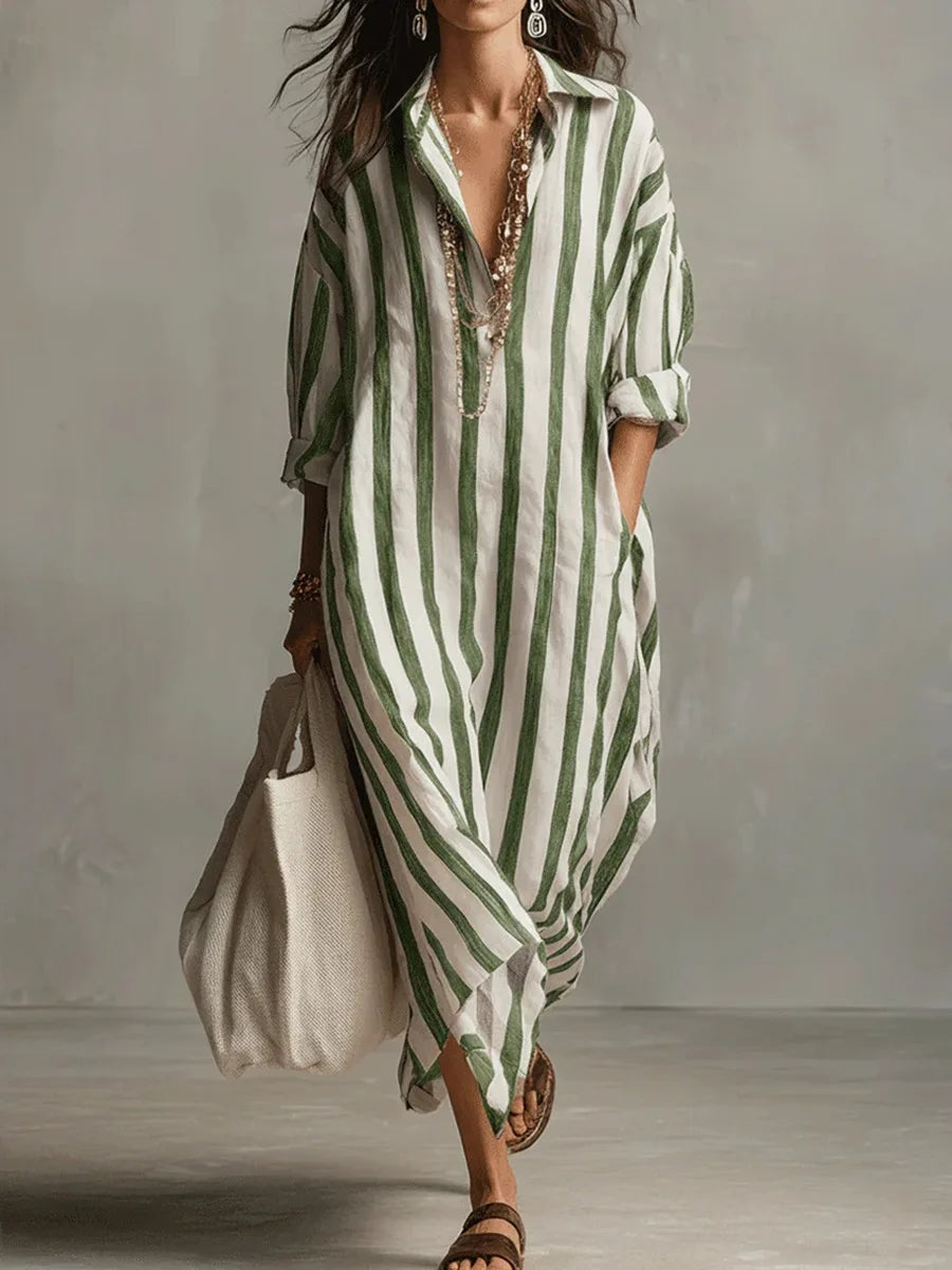 Pepa Striped Cotton Women's Midi Dress with Shirt Collar and Rolled Sleeves