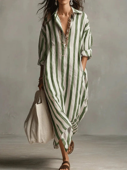 Pepa Striped Cotton Women's Midi Dress with Shirt Collar and Rolled Sleeves