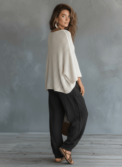Vyndora Linen Two-Piece Matching Set with Knit V-Neck Top and Wide-Leg Pants
