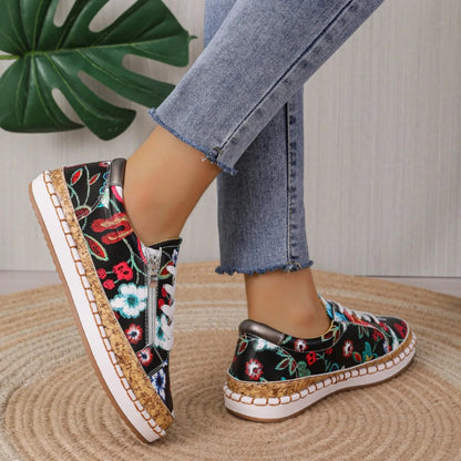 Women's Floral Embroidered Lace-Up Espadrille Sneakers with Cork Sole and Side Zip