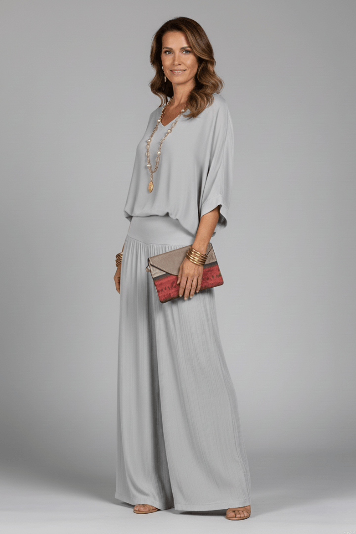 Women's Matching Two Piece Set with Dolman Sleeve Top and Wide-Leg Pants
