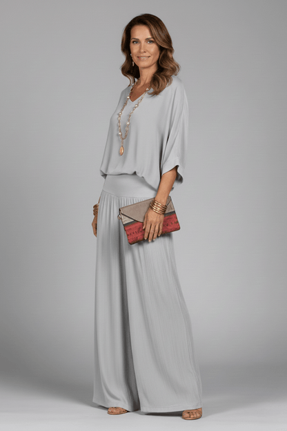 Women's Matching Two Piece Set with Dolman Sleeve Top and Wide-Leg Pants